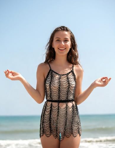 Hand Crochet Sweater Mesh Hollow Out Halter Tops Beach Swimwear Bikini Coverup Sets for Women Grils with Beads2