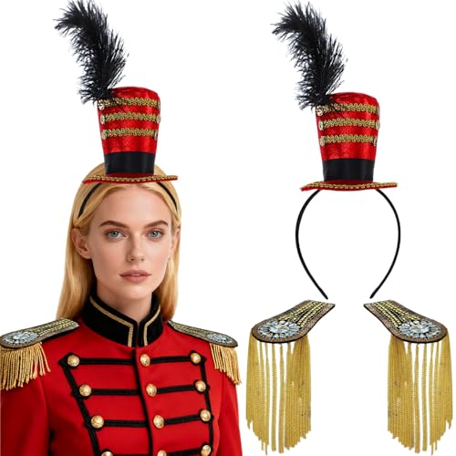 Design accattivante per il vostro costume da circo: il vostro costume da circo sarà perfetto con questo mini cilindro finemente decorato. Decorato con piume, pietre scintillanti e catene in metallo in stile punk, questo copricapo da donna è un vero capolavoro. Le spalline con nappa abbinate sottolineano il costume da direttore del circo e conferiscono alla tua silhouette una presenza imponente
