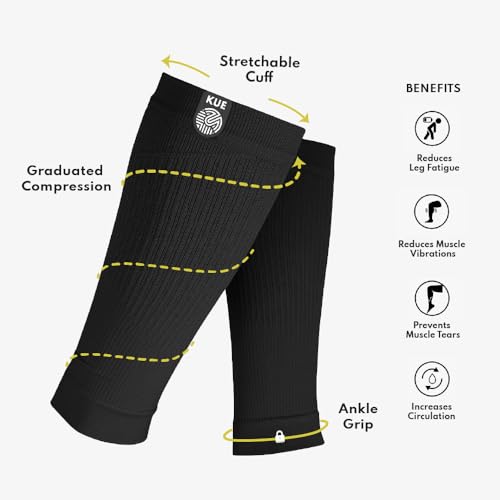 Image of KUE Compression calf sleeves for men and women | Running, Sports Activity | Improved Blood Circulation, Swelling, Calf Support in Muscle Fatigue & Recovery (Black- S /M)