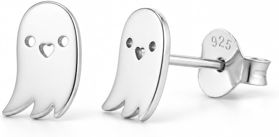 925 Sterling Silver Halloween Ghost Stud Earrings for Small Earlobe Second Third Ear Piercings Delicate Spooky Stackable Studs or lovely choice for little ones.