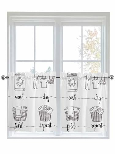 Laundry Room Half Window Curtains 24 Inches Long, Cartoon Wash