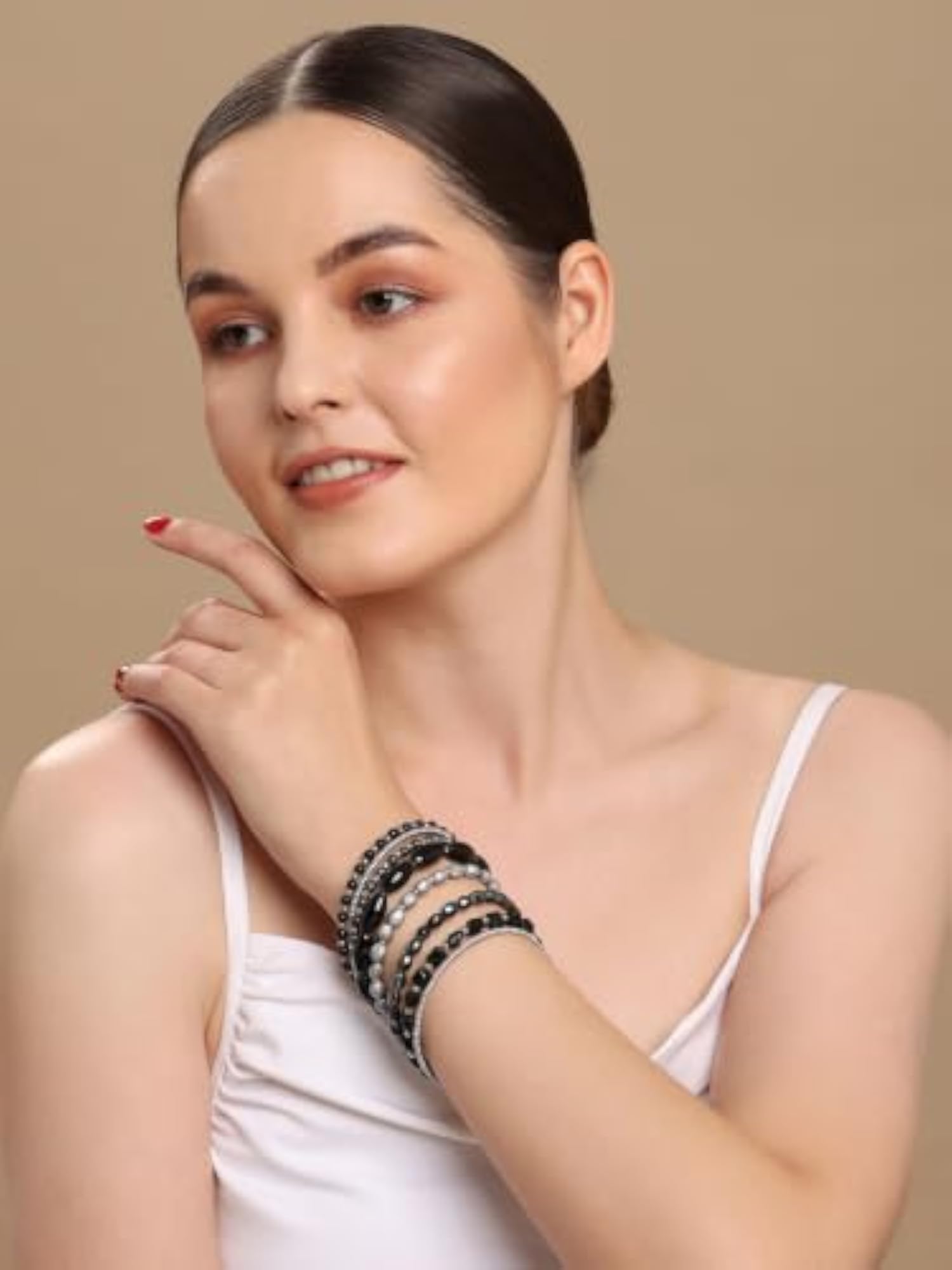 Silver Beaded Coil Bracelet with Metallic Faceted Oval Beads
