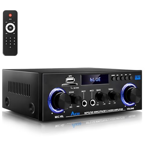WOOPKER AK50 Amplifier Home Audio Stereo Receivers with Bluetooth 5.0,Max 500W,2.0 Channel Stereo Amplifer with Active Subwoofer Output,FM Radio,USB,SD Card,AUX, MIC in with Echo