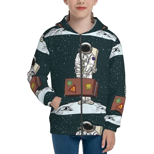 Astronaut Traveler with Suitcase Kids Pullover Hoodies Boys Zip Up Sweatshirts Girls Athletic Clothes with Pocket3