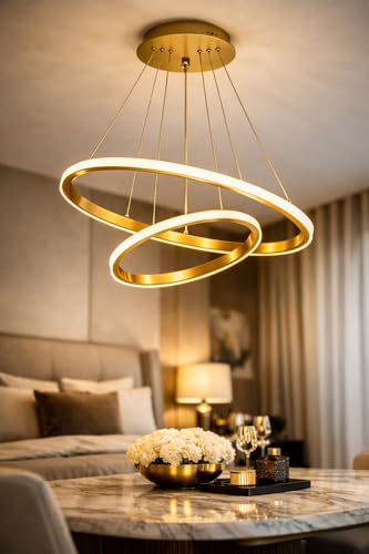 Image of Sinoman Modern Gold Double Ring LED Chandelier Light, Luxury Circular Ceiling Hanging Light Fixture, Adjustable Suspension, 3 in 1 color changing Built-in LED Pendant Lamp for Living Room, Dining Room