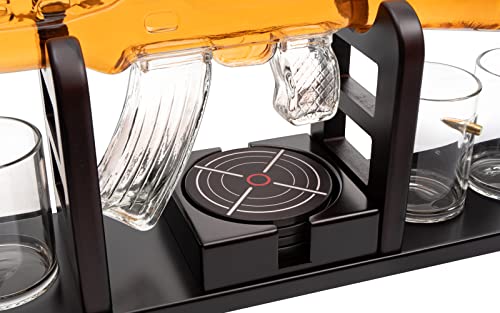 Krown Kitchen - Gun Whiskey Decanter Set. Includes Whiskey Glasses, Coasters, And Wood Base. Perfect Dad Gifts. For Bourbon, Scotch, Liquor, 850Ml #TOP2