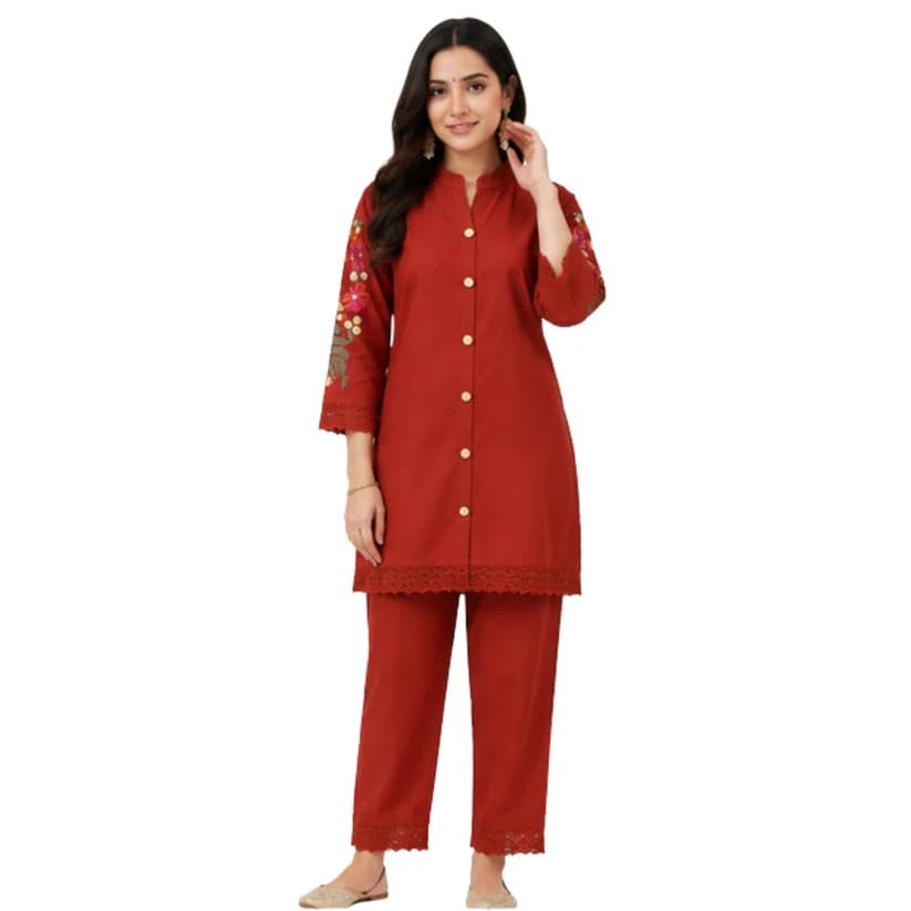 Rust Red Cotton Co-ord Set for Women, Embroidered Sleeve Top with Matching Pants, Casual, Office and Everyday Wear (IN, Alpha, L, Regular, Standard, Rust Red)-image-31