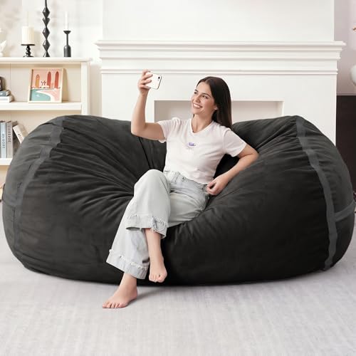 Image of 6FT Bean Bag Chair 6'Giant Bean Bag Chairs with Adults, Large Beanbag Chair | Bean bag Lounger with Machine Washable Cover Dutch Velvet Fabric, Comfy Chairs for Living Room, Bedroom, Dorm, Black