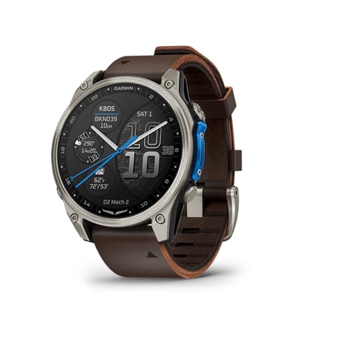 Garmin D2™ Mach 2 – 47 mm, Premium Aviator Smartwatch with GPS, Advanced Flight Maps, LED Flashlight, Built-in Microphone/Speaker for Calls and Texts, Titanium with Oxford Brown Leather Band