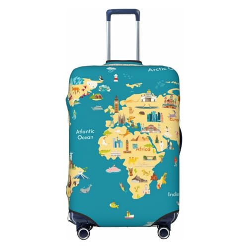 World Map With Landmarks Luggage Cover Washable Elasticated Luggage Covers for Suitcase TSA Approved Stylish Scratch Resistant Luggage Case Protector