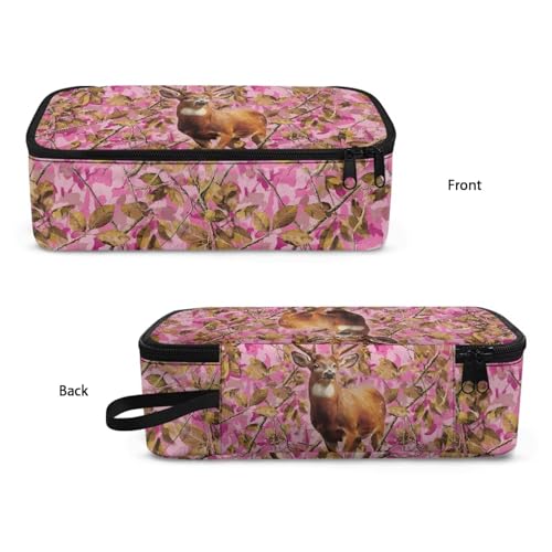 Image of Deer Pencil Pouch for Girls Pink Forest Camo Pencil Bag for Kids Portable Large Pen Container with Mesh Pockets for School Students