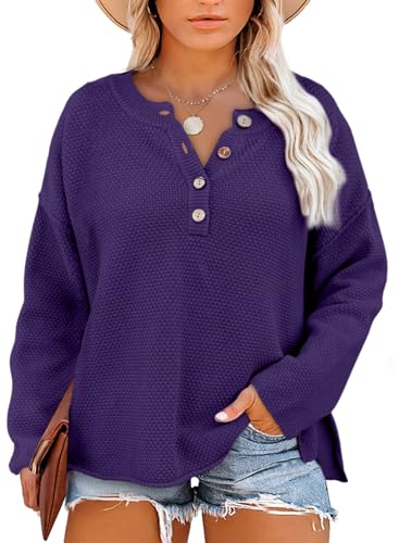 Image of Eytino Womens Plus Size Sweaters Casual Long Sleeve Loose V Neck Button Henley Tops Pullover Knit Jumpers,(1X-5X)