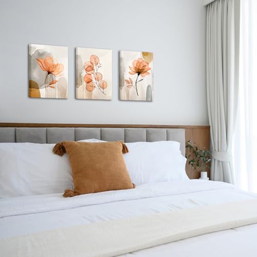 Image of NutArtPic Flower Canvas Wall Art Orange Floral Pictures Minimalist Neutral Wildflower Painting Prints for Home Decor 12''x16''x3pcs