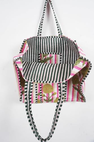 Image of Quilted Cotton Handprinted Reversible Large multicolor Floral Tote Bag,Hand Block Print Shopping Shoulder Carry Bag