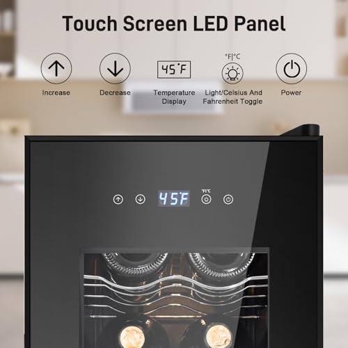 Image of Tylza 12 Bottles Wine Fridge, Wine Cellar with Powerful Compressor, LED Touchscreen, Low-E Tempered Glass Door, Lock, Wine Cooler Refrigerator for Red, White, Champagne or Sparkling Wine, Black