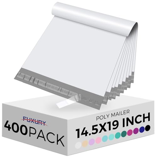 Image of Fuxury Poly Mailers 14.5x19 inch 400Pcs Bulk Shipping Bags for Clothing White | Strong Adhesive Shipping Envelopes Waterproof Heavy Duty Packaging Mailing Bag for Small Business Polymailers