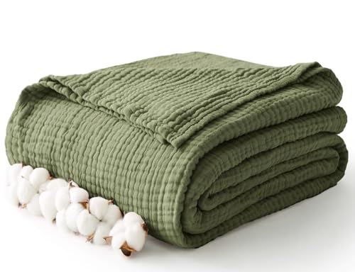 100% Cotton Muslin Blanket Twin 66" x 90", Breathable and Lightweight Twin Blankets for Couch, Soft Cooling Summer Gauze Blanket for Adults All Season, Olive Green