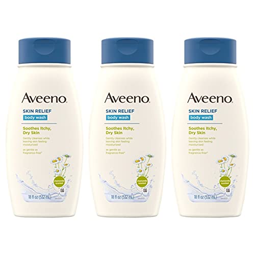 Aveeno Skin Relief Body Wash with Chamomile Scent & Soothing Oat, Gentle Soap-Free Body Cleanser for Dry, Itchy & Sensitive Skin, Dye-Free & Allergy-Tested, 18 fl. oz, Pack of 3