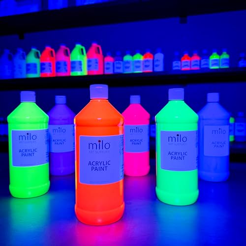 Image of milo Fluorescent Acrylic Paint Set, 6 Neon UV Colors, 32 oz Bottles | Glows in Black Light, AP Certified Non-Toxic, Made in USA, Arts & Crafts Paints for Artists, Student, Hobby Painters, Mixable