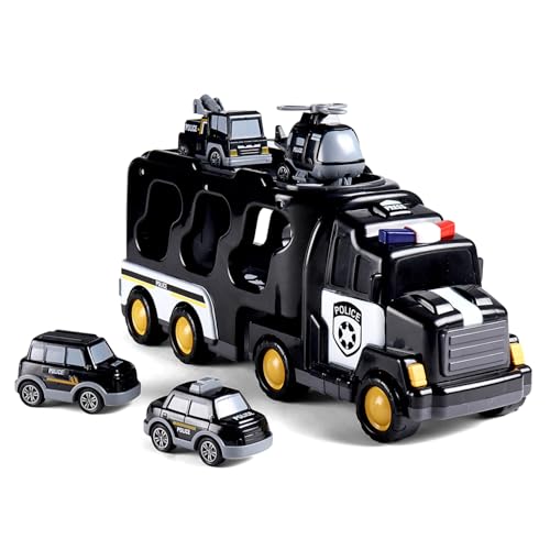 Image of Play Nation 5-in-1 Friction-Powered Truck Toy Set with Light&Sound-Educational Transport Carrier Vehicle for Kids 3 Years+,Emergency Rescue Toy for Girls&Boys,Birthday Gift (Police,Black)