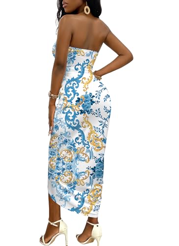 Image of Umenlele Women's Strapless Ruched High Waist Wrap Split Asymmetrical Beach Maxi Long Dress