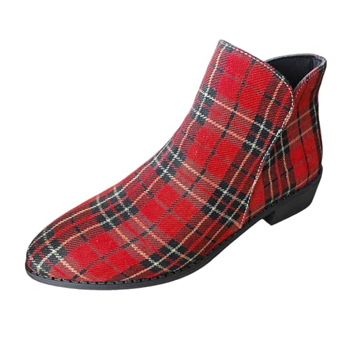 Ladies Fashion Christmas Plaid Pointed Side Zipper Thick Heel Ankle Boots Platform Boots Women Dressy