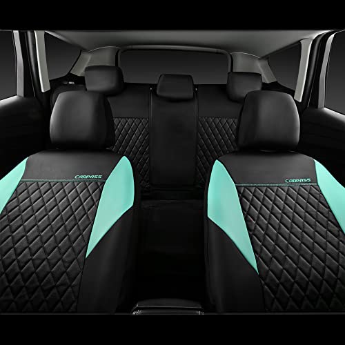 Image of CAR PASS Mint Leather Seat Covers Full Set-Universal Quilting Cute Girly Car Seat Cover with 5mm Composite Sponge Inside,Airbag Compatible,2zipper Bench for Most Sedan,SUV,Truck(Full Set,Mint)