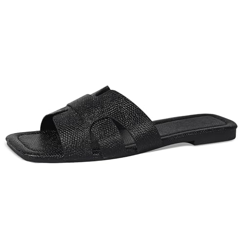 Image of Women's Dressy Casual Flat Sandals, Elegant Comfortable Slip-On Slides with Textured Upper, Versatile Dressy Style for Everyday Wear