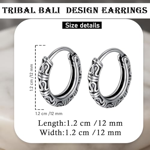 Image of VAMA FASHIONS Oxidised Silver Hoop Earrings in Tribal Bali Design Lightweight Ethnic Look Ear Accessories for Men