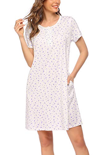 Hotouch Women's Cotton Nightgown Sleepwear Short Sleeves Shirt Casual Print Sleepdress(Purple,1X