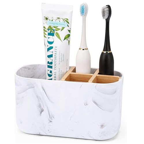 Image of Panchhi Store Tooth Brush Holder for Bathroom 5 Slots Bamboo Toothbrush Holder Electric Toothbrush Holder and Toothpaste Holder for Bathroom Countertop Accessories Storage White Marble Print Pack of 1