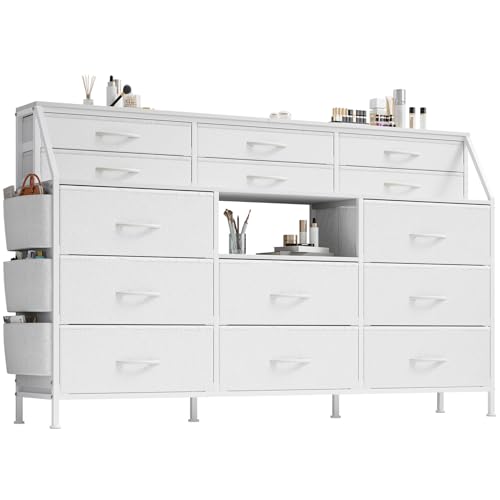 Dresser for Bedroom with 14 Drawers, 55" W Dresser with Side Pocket, Fabric Dressers & Chests of Drawers with Shelves, Sturdy Frame, Wood Top