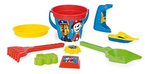 Wader 81135 - Eimergarnitur Paw Patrol mit Eimer, Boot, Sieb, Sandmühle, Schaufel, Rechen und 3 Sandformen, 9-teilig, ab 12 Monaten, ideal als Geschenk für kreatives Spielen
