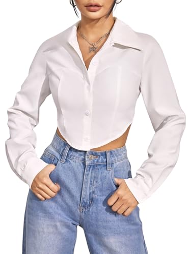 Image of GRECIILOOKS Women`s Oversized Fit Crop Top Shirt | Casual Long Sleev Stylish Collared Shirts for Womens | Comfortable Rich Korean Button Down | Formal Look Stylish Trendy Shirts