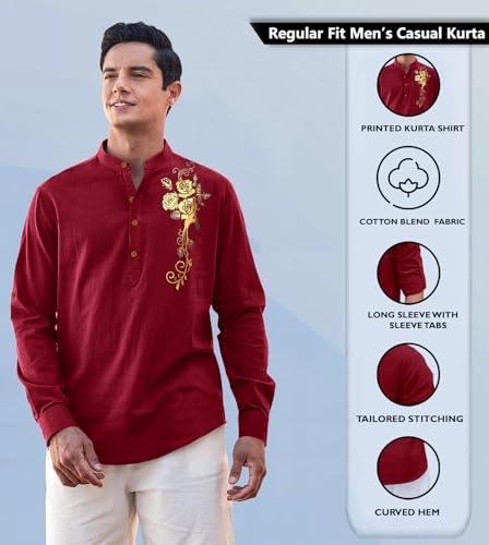 Image of Zombom Men's Cotton Polyester Blend Mandarin Collar Self One Design Printed Full Sleeve Casual Short Kurta Shirt