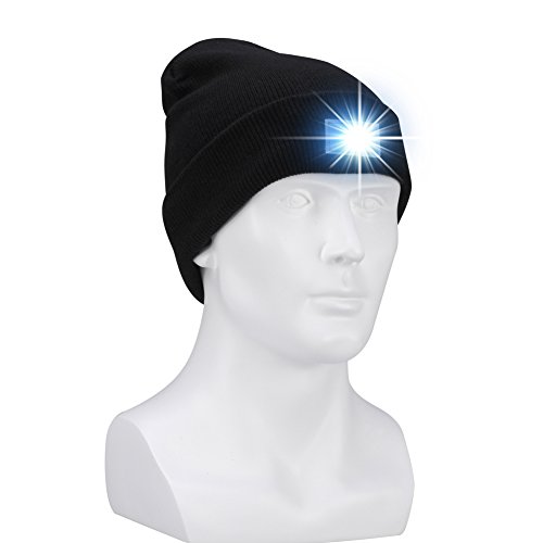 W-Plus Unisex 5 LED Knitted Flashlight Beanie Cap for Hunting, Camping, Grilling, Auto Repair, Jogging, Walking, or Handyman Working - One Size Fits Most