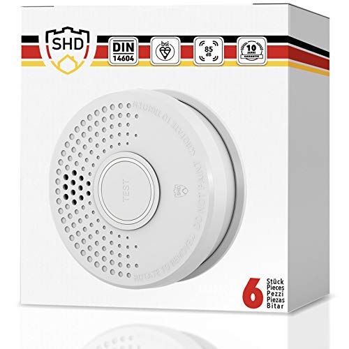 Rauchmelder 6er Set mit 10 Jahre Garantie inkl. 6X 9V Batterie geprüft nach DIN EN14604 und BSI Zertifiziert - 6 Stück Rauchwarnmelder Feuermelder