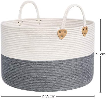 SONGMICS Cotton Rope Basket, Handles, 100 L Laundry Basket for Toys, Clothes, Blankets, Grey Beige, 55 x 55 x 35 cm
