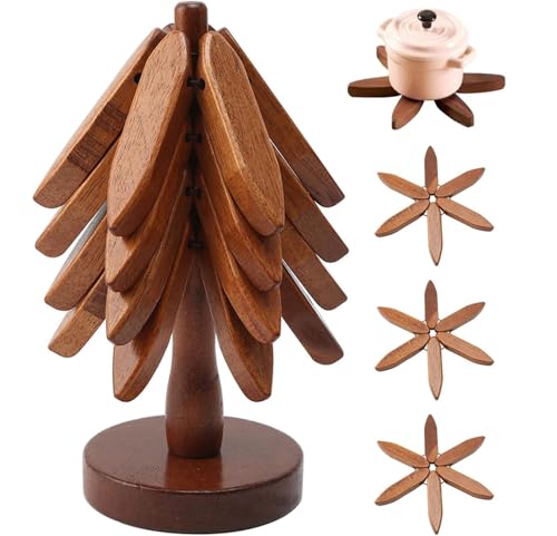 Lot de 4 Dessous de Plat en Bois en Forme d'arbre + 1 Support – Résistants à la Chaleur pour Casseroles, Verres & Plats Chauds (Style Sapin de Noël)
