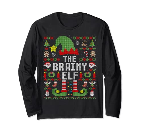 El Brainy Elf Ugly Christmas Matching Family Group Manga Larga