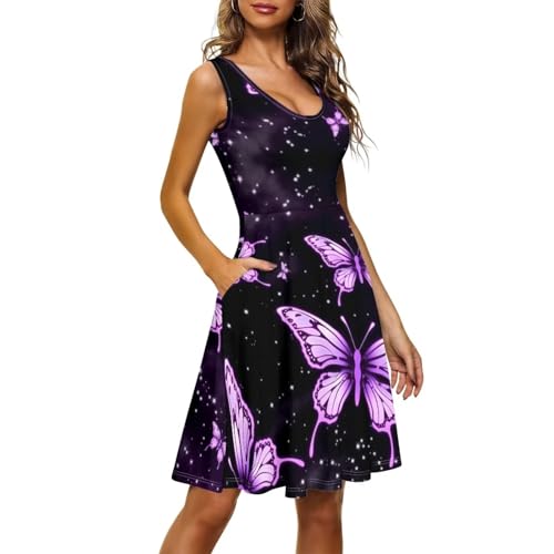 Image of TOADDITDO Women's Sleeveless O Neck Beach A-Line Party Coctail Tank Dresses Flared Sundress