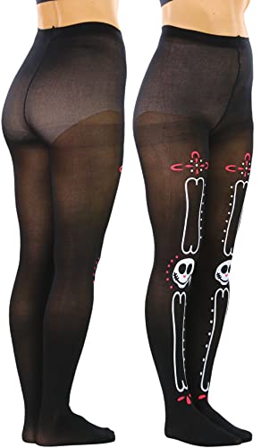 Image of ToBeInStyle Women's Sugar Skull Dia de los Muertos La Catrina Skeleton Bones Tights & Thigh High Stockings