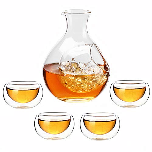 Japanese Sake Sets Include 4 Ochoko Cups +1 Tokkuri Bottle for add ice Refrigeration Sake Pot Dispenser & Double Walled Sake Cups Glass Decanter Carafe Gifts for Sake Lover Party (Summer Crystal)