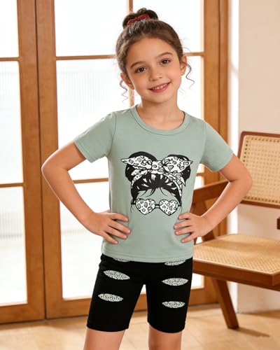 Image of OLMRJKD Kid Toddler Girl Clothes Summer Short Sleeve Figure Graphic Tee Shirt + Shorts Summer Outfits Set