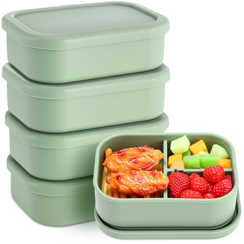 Honeydak 4 Pcs Silicone Bento Lunch Box 3 Compartment Reusable Leakproof Silicone Bento Lunch Container for Adults Microwave Dishwasher Freezer Safe (Olive Green)