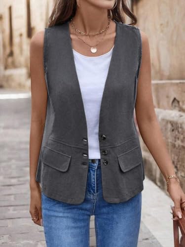 IDEALSANXUN Womens Cotton Linen Vest Casual Lightweight Button Down Sleeveless Jackets Tops2