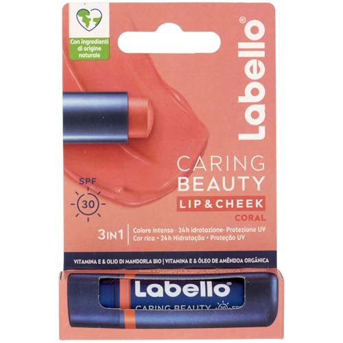 Labello Caring Beauty Lip & Cheek Coral 4.8g Lippenpflegestift und Wangen mit einer Note von Koralle, getönter Lippenbalsam und Blush Stick 2 en 1, Lip Balm
