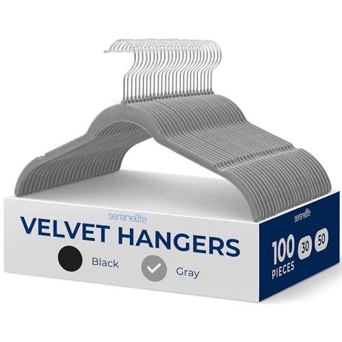 SereneLife 100-Piece Shirt Hangers, Premium Non-Slip Velvet Hangers Pack with 360° Swivel Hooks, Slim Space-Saving Design for Tops, Jackets, Blouses, & Strappy Dresses, Supports 8 lbs, (Grey) by SereneLife - Used condition - CA$41.29