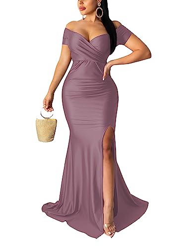 Image of Fooullaide Women Sexy Off Shoulder Elegant V Neck Wrap Formal Evening Gowns | Bodycon, Floor Length, High Split Mermaid Maxi Dress, Stretchy, Prom, Wedding Guest, Cocktail Bridesmaid Wear
