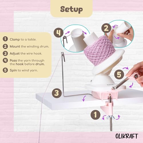 Image of Olikraft Manual Yarn Winder | Yarn Ball Winder, Roller, Baller Crochet Spinner for Crocheting | Clamp for 1 3 /4 inch Surfaces | Create Cakes up to 4oz (Coral Pink)